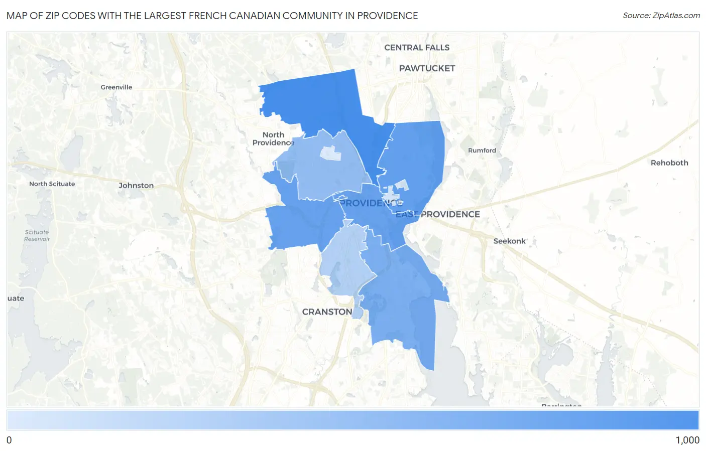 Zip Codes with the Largest French Canadian Community in Providence Map