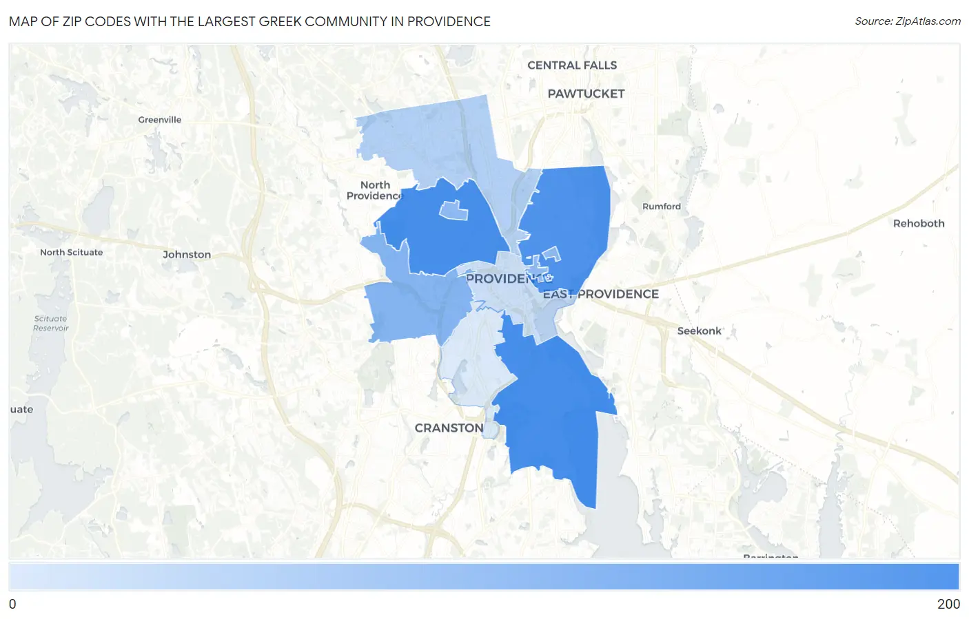 Zip Codes with the Largest Greek Community in Providence Map