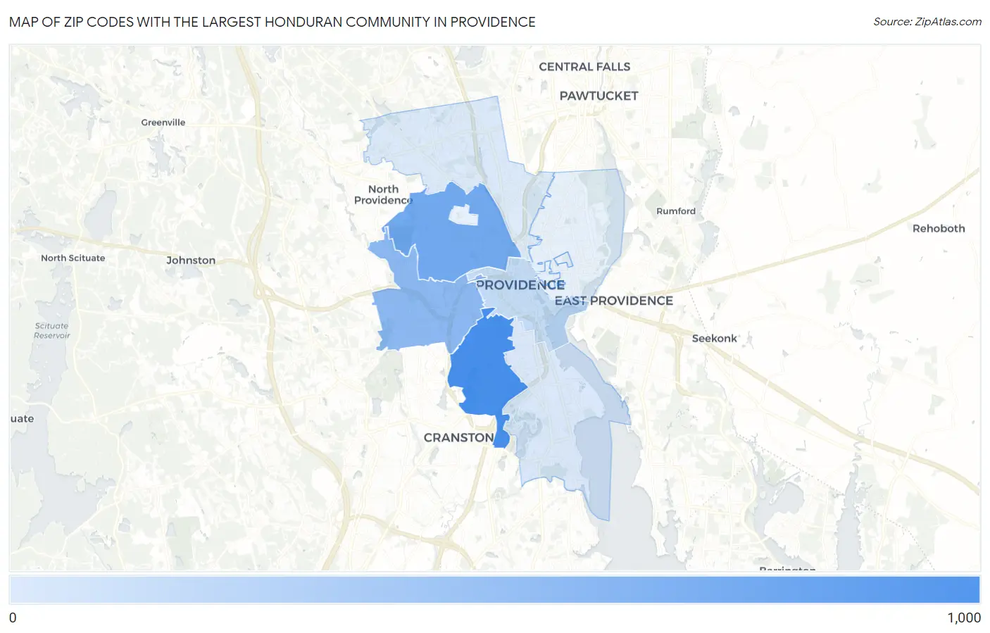 Zip Codes with the Largest Honduran Community in Providence Map