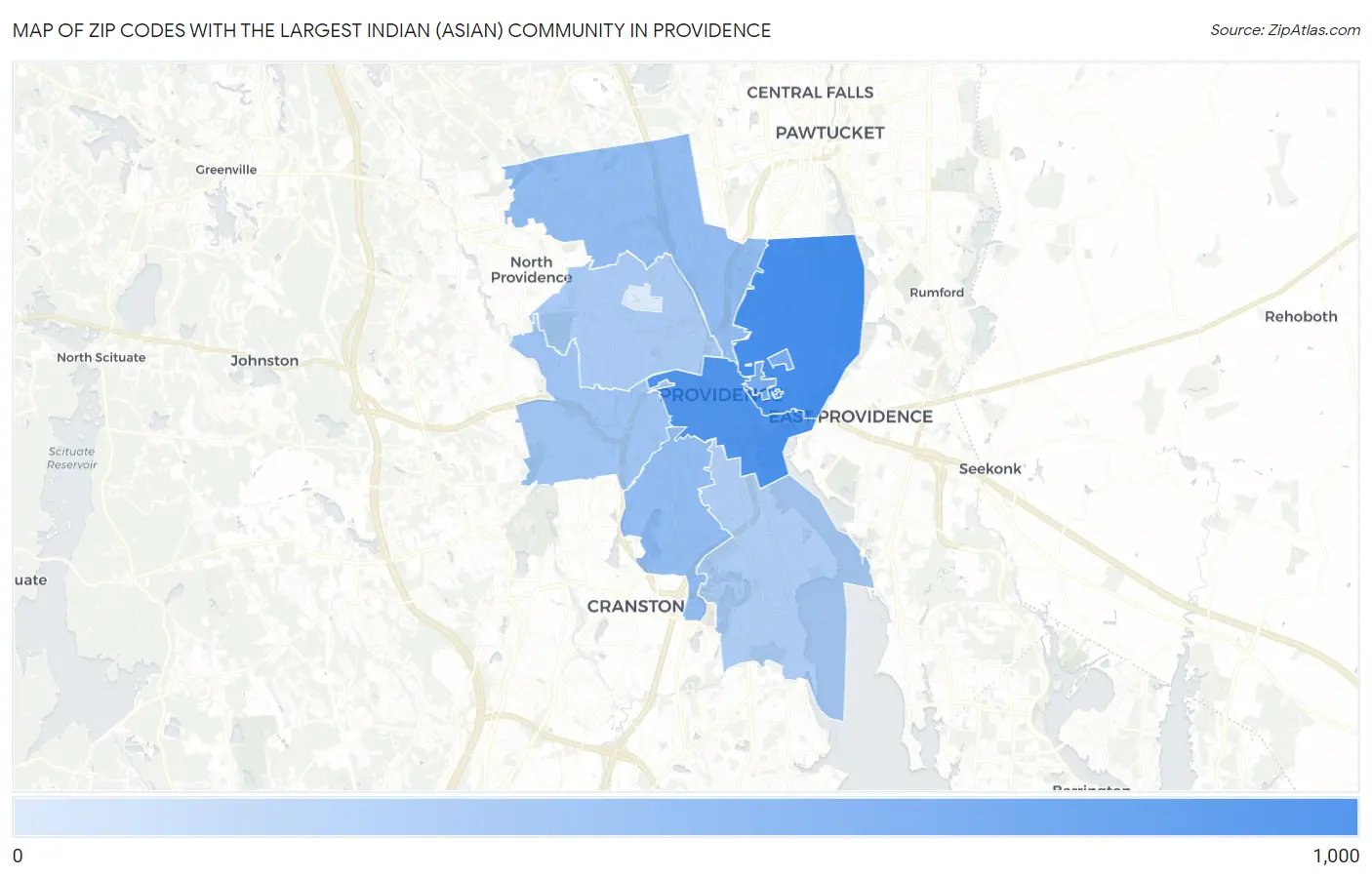 Zip Codes with the Largest Indian (Asian) Community in Providence Map
