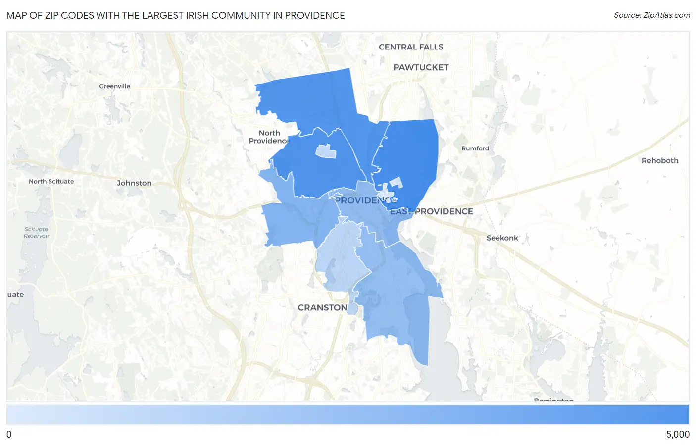 Zip Codes with the Largest Irish Community in Providence Map
