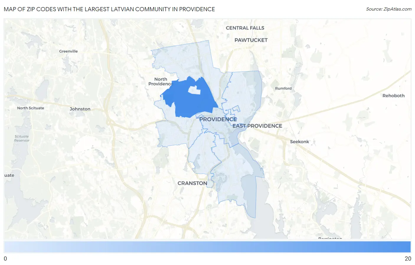 Zip Codes with the Largest Latvian Community in Providence Map