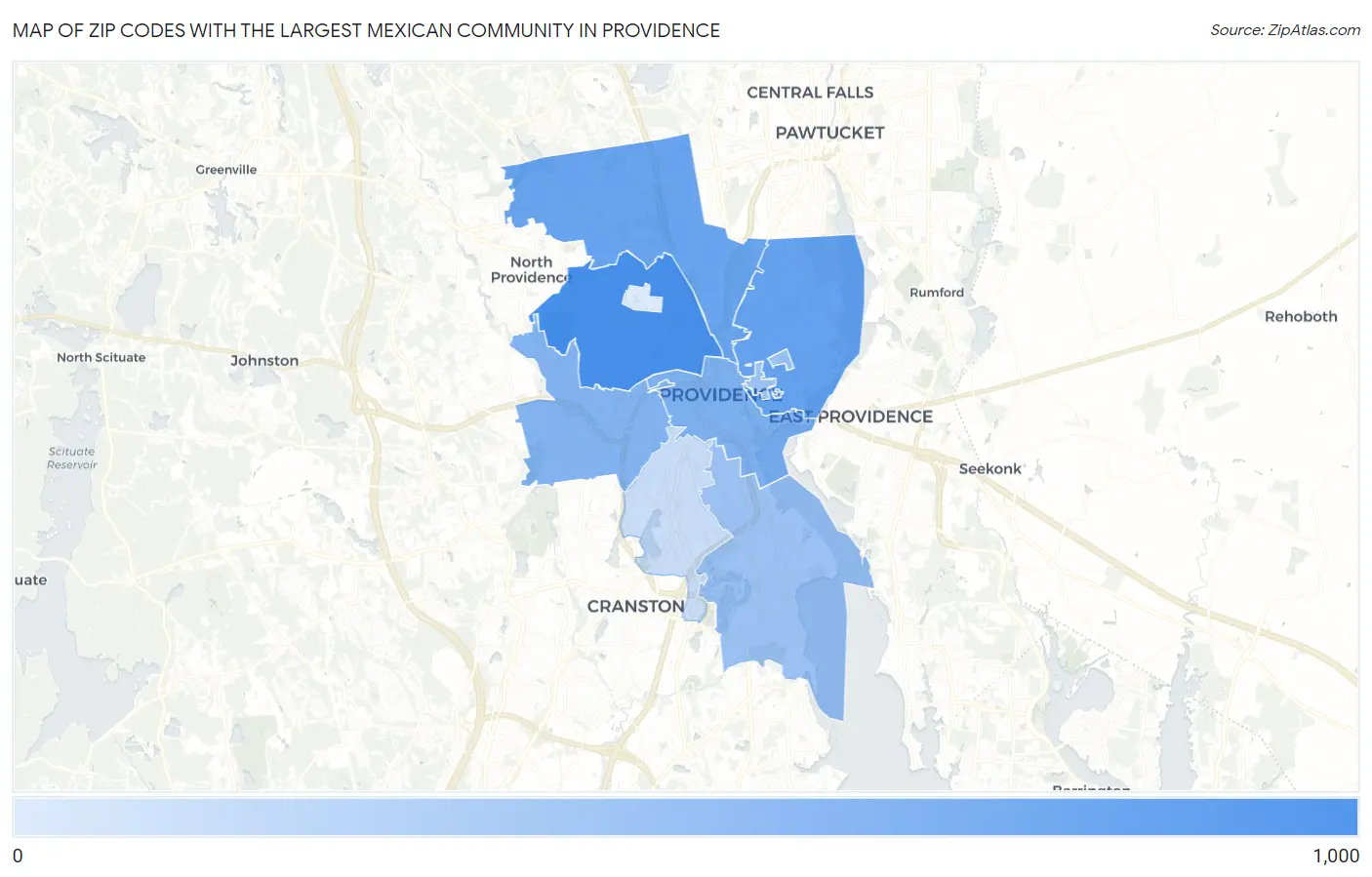 Zip Codes with the Largest Mexican Community in Providence Map