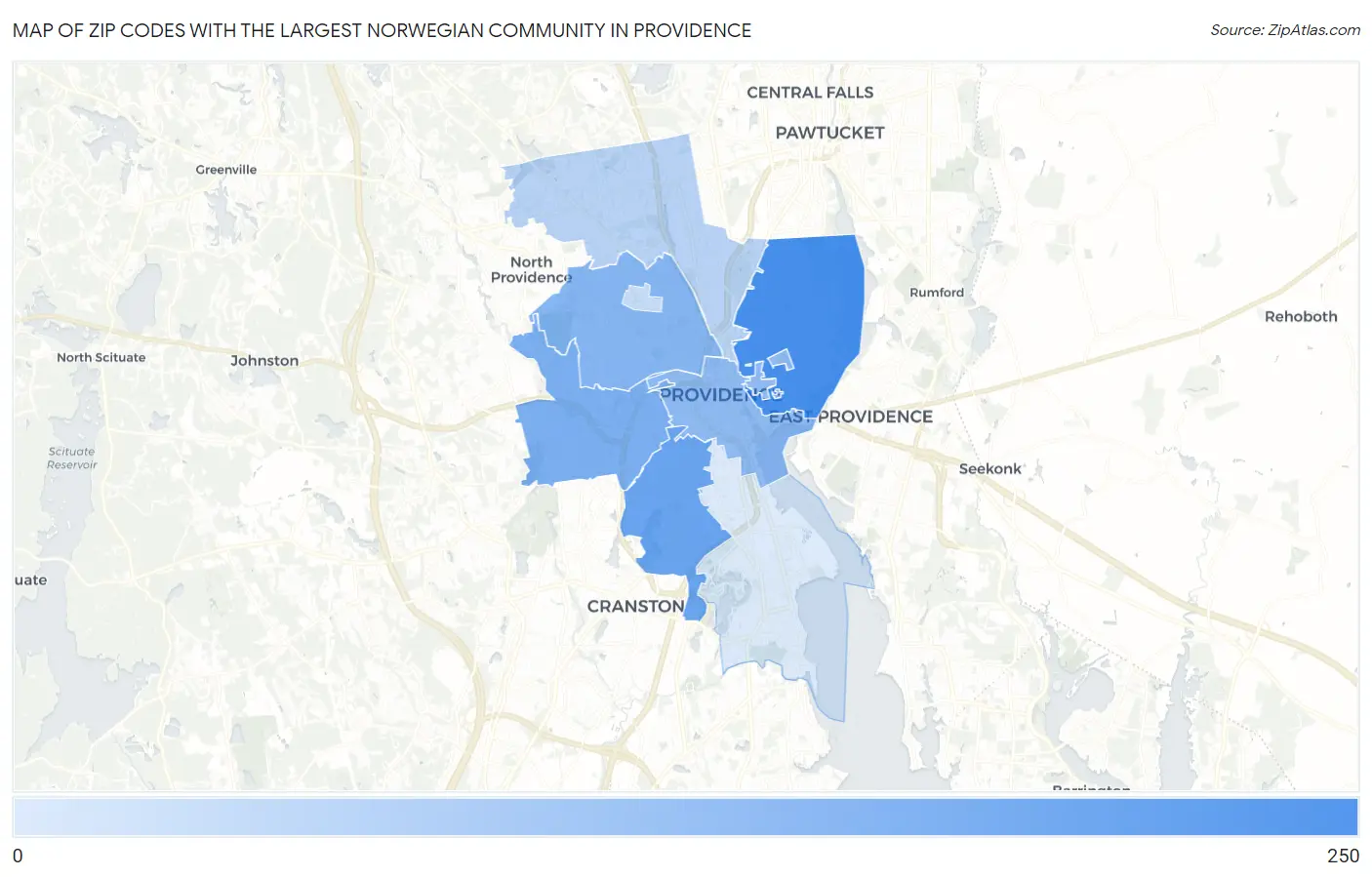 Zip Codes with the Largest Norwegian Community in Providence Map