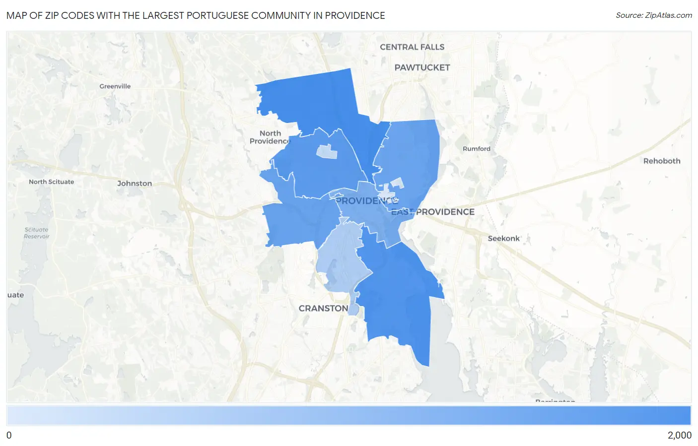 Zip Codes with the Largest Portuguese Community in Providence Map