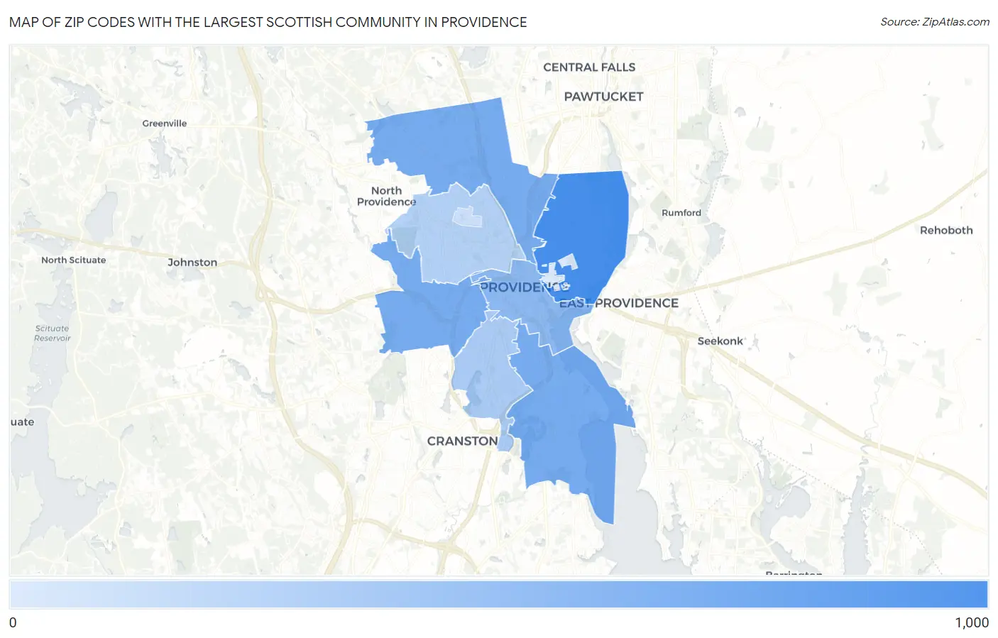 Zip Codes with the Largest Scottish Community in Providence Map