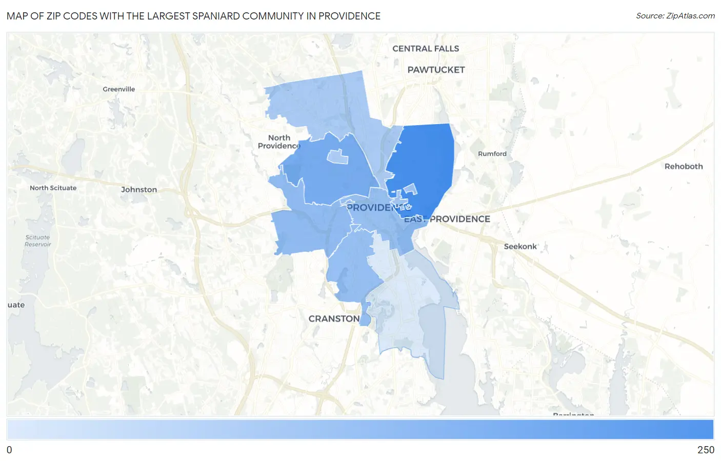 Zip Codes with the Largest Spaniard Community in Providence Map