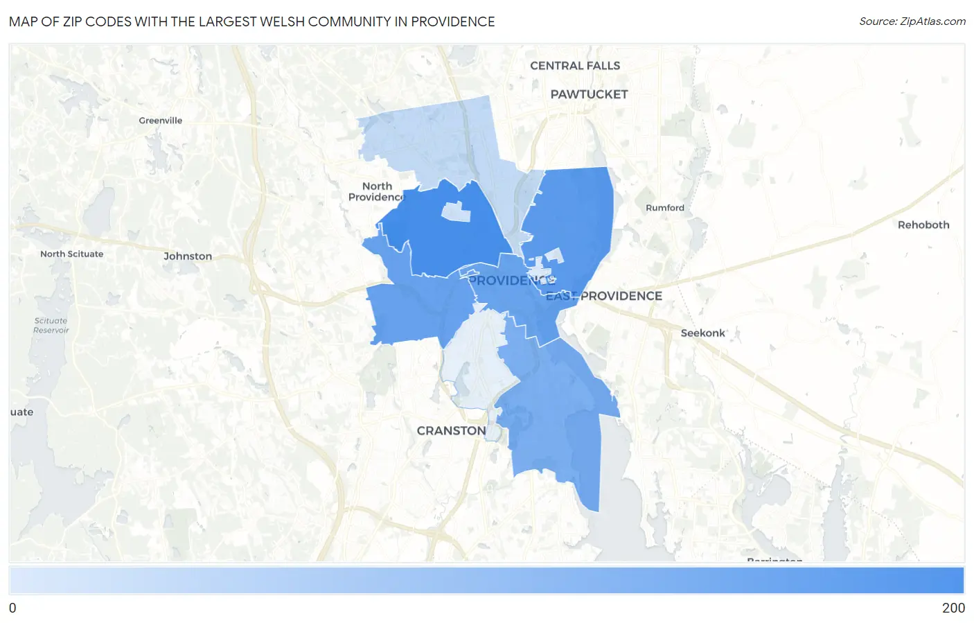 Zip Codes with the Largest Welsh Community in Providence Map