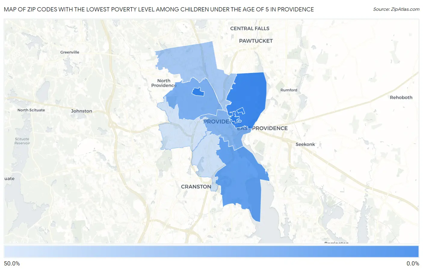 Zip Codes with the Lowest Poverty Level Among Children Under the Age of 5 in Providence Map
