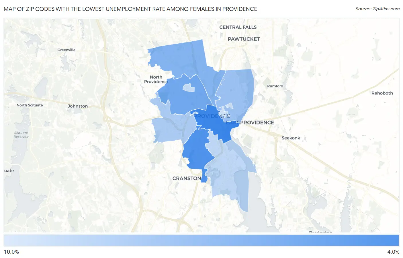 Zip Codes with the Lowest Unemployment Rate Among Females in Providence Map