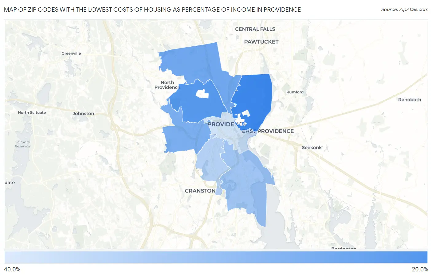 Zip Codes with the Lowest Costs of Housing as Percentage of Income in Providence Map