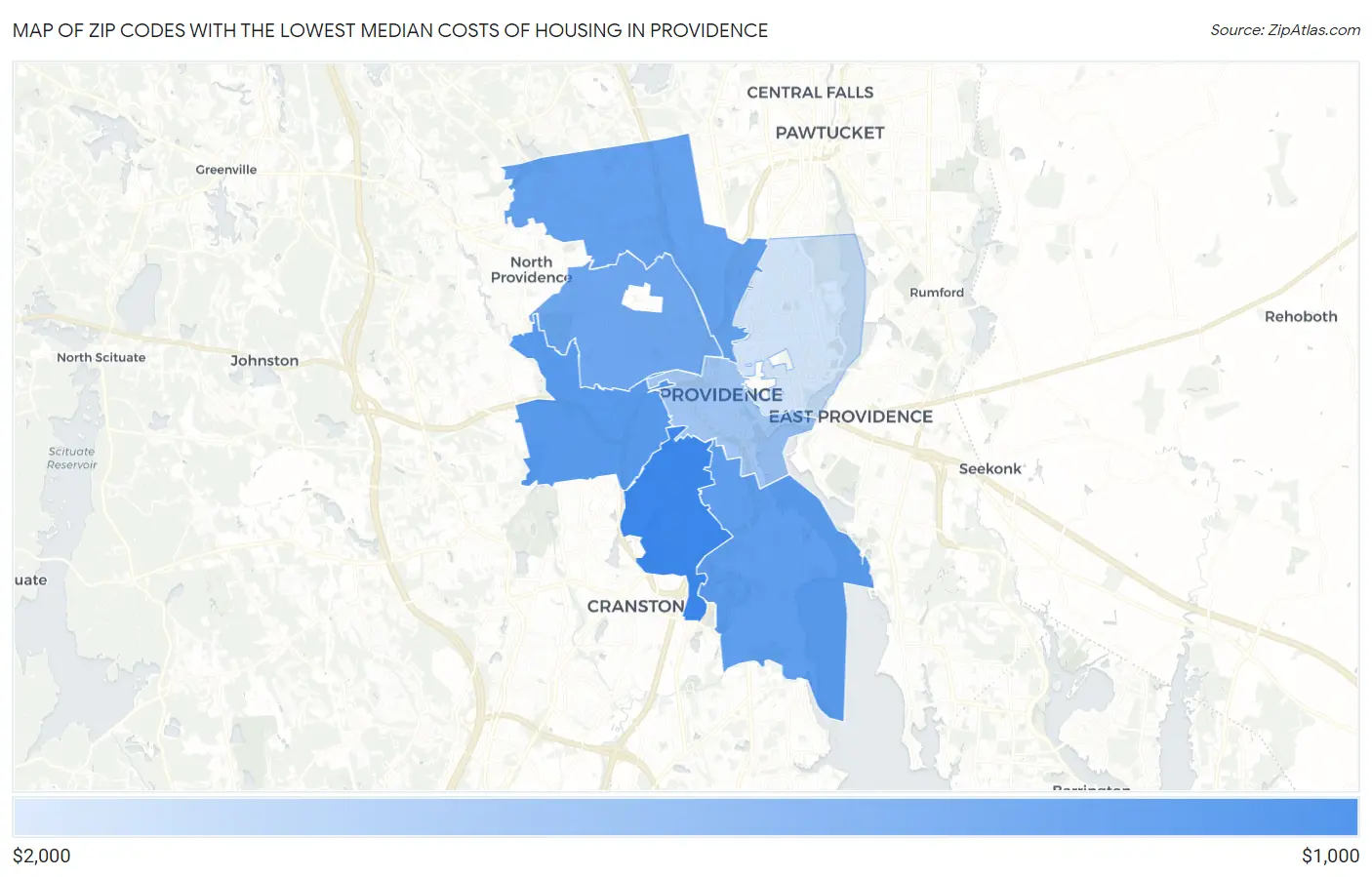 Zip Codes with the Lowest Median Costs of Housing in Providence Map