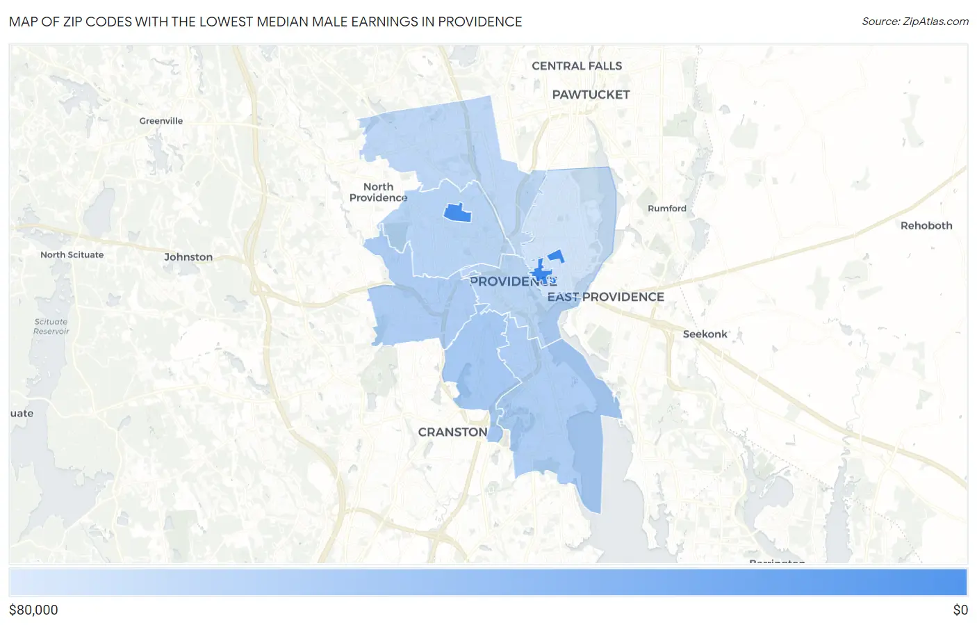 Zip Codes with the Lowest Median Male Earnings in Providence Map