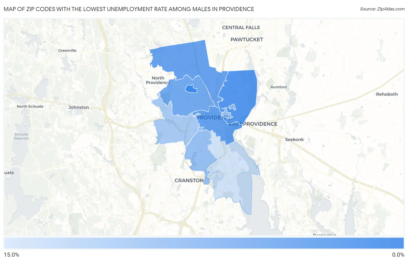 Zip Codes with the Lowest Unemployment Rate Among Males in Providence Map