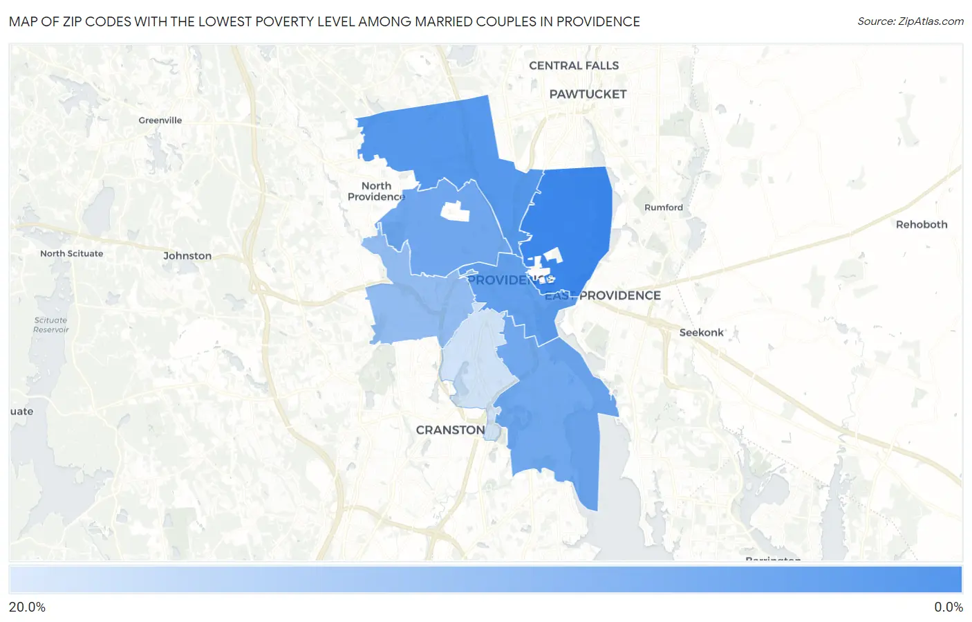 Zip Codes with the Lowest Poverty Level Among Married Couples in Providence Map