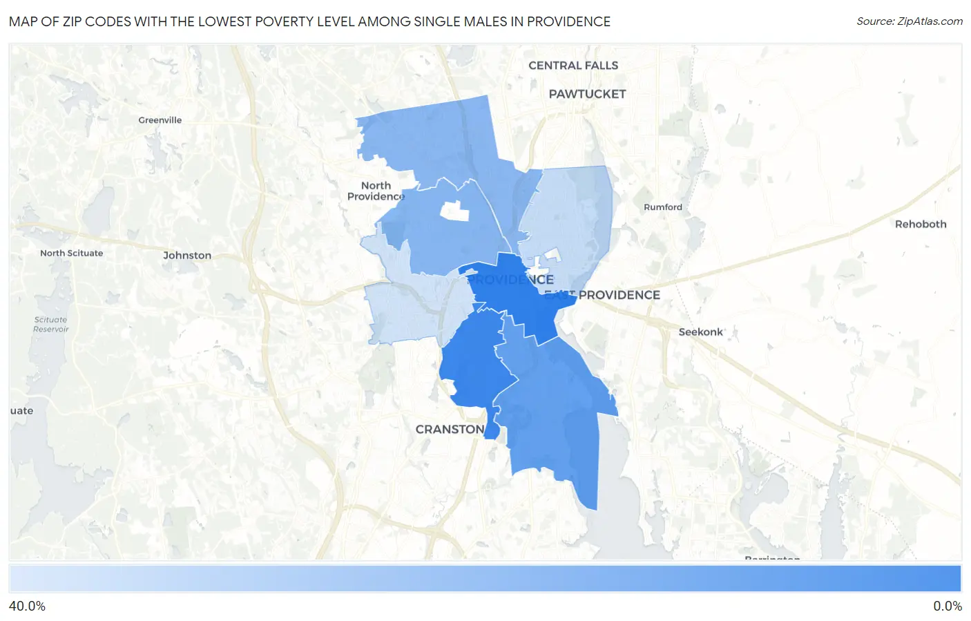 Zip Codes with the Lowest Poverty Level Among Single Males in Providence Map