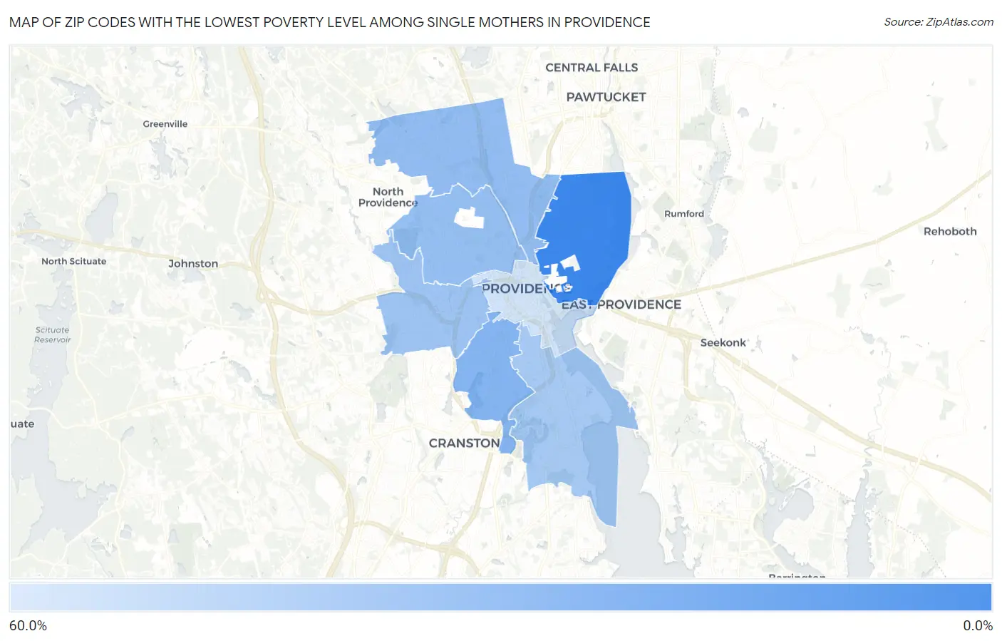 Zip Codes with the Lowest Poverty Level Among Single Mothers in Providence Map