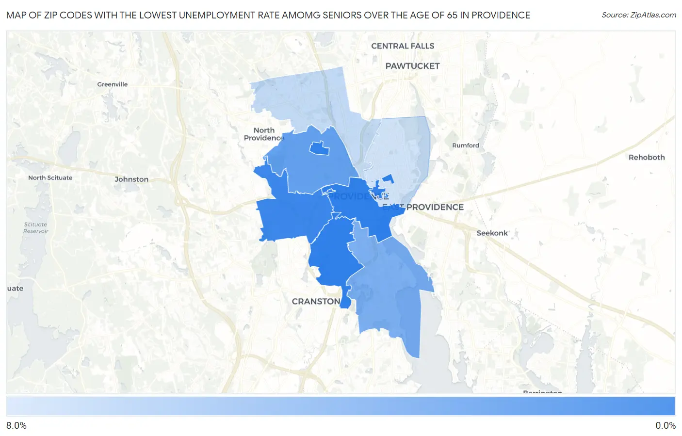 Zip Codes with the Lowest Unemployment Rate Amomg Seniors Over the Age of 65 in Providence Map
