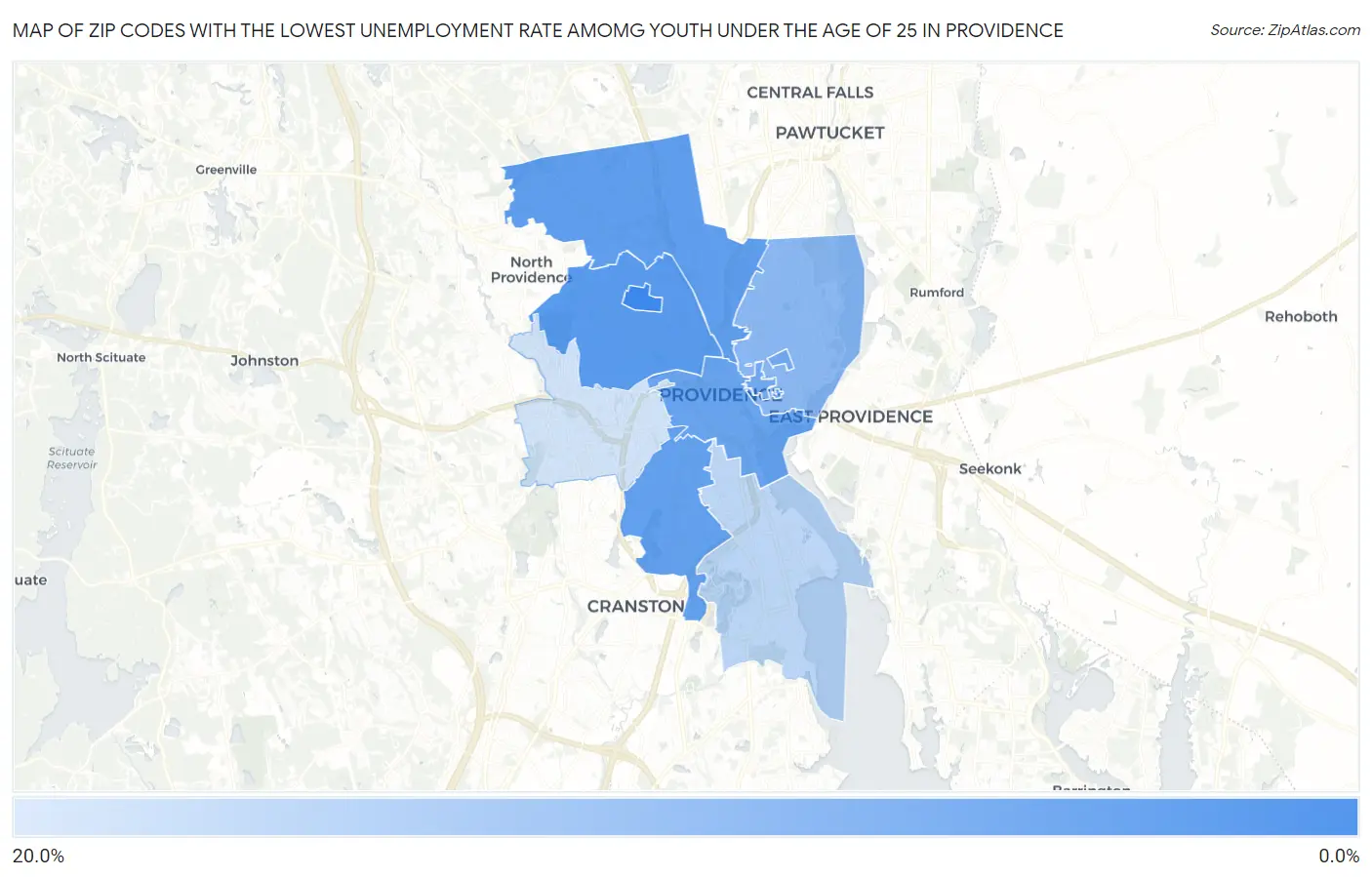 Zip Codes with the Lowest Unemployment Rate Amomg Youth Under the Age of 25 in Providence Map