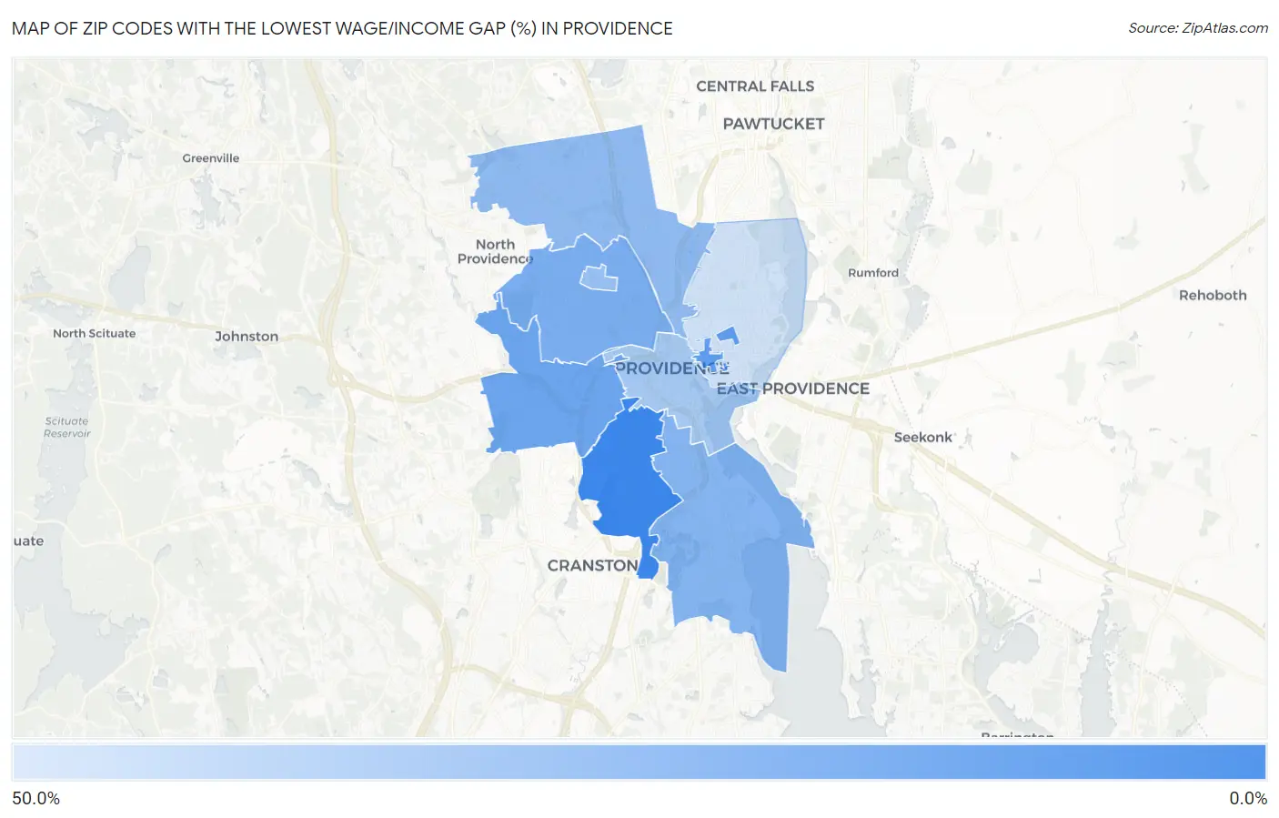 Zip Codes with the Lowest Wage/Income Gap (%) in Providence Map