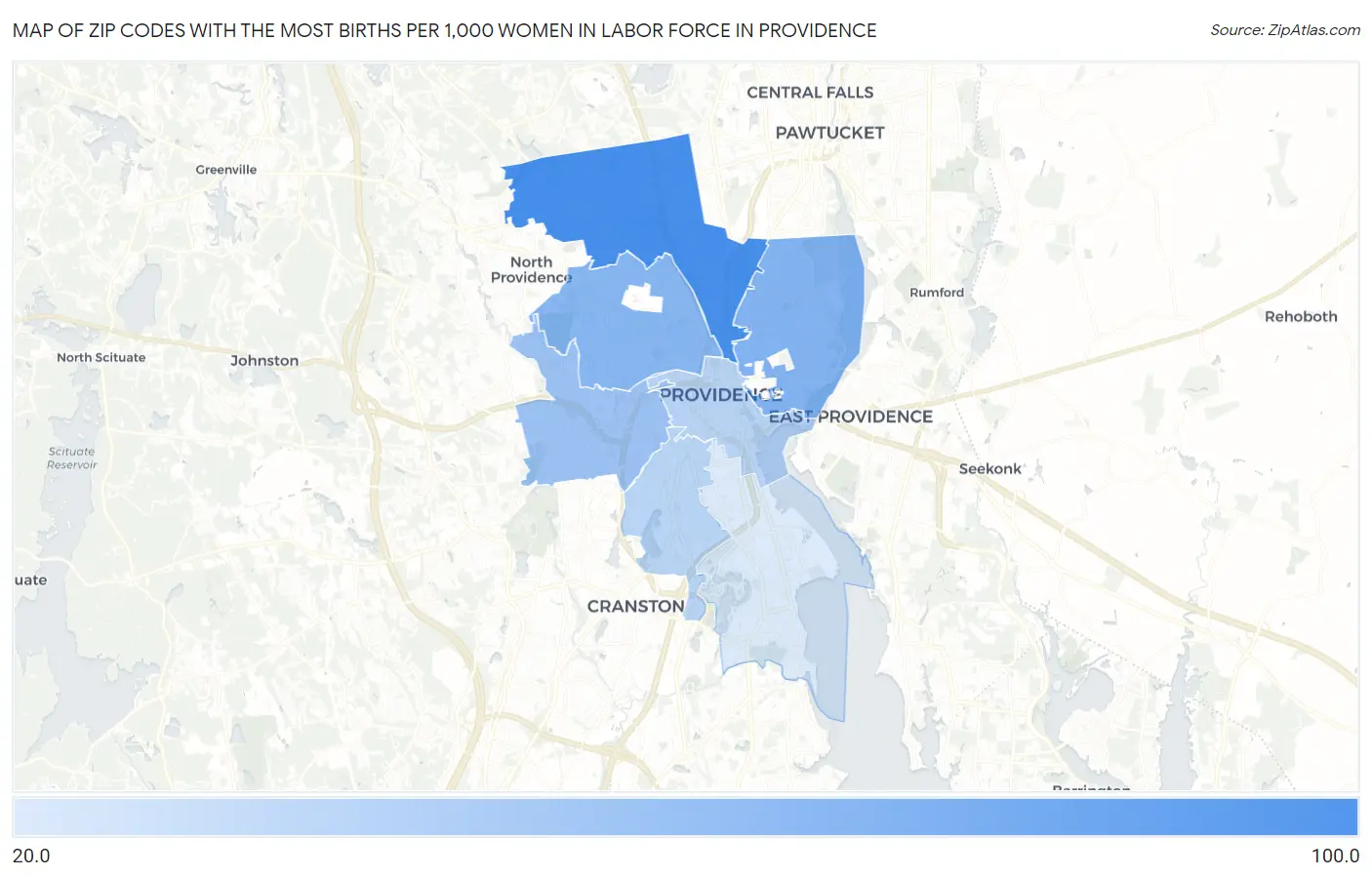 Zip Codes with the Most Births per 1,000 Women in Labor Force in Providence Map