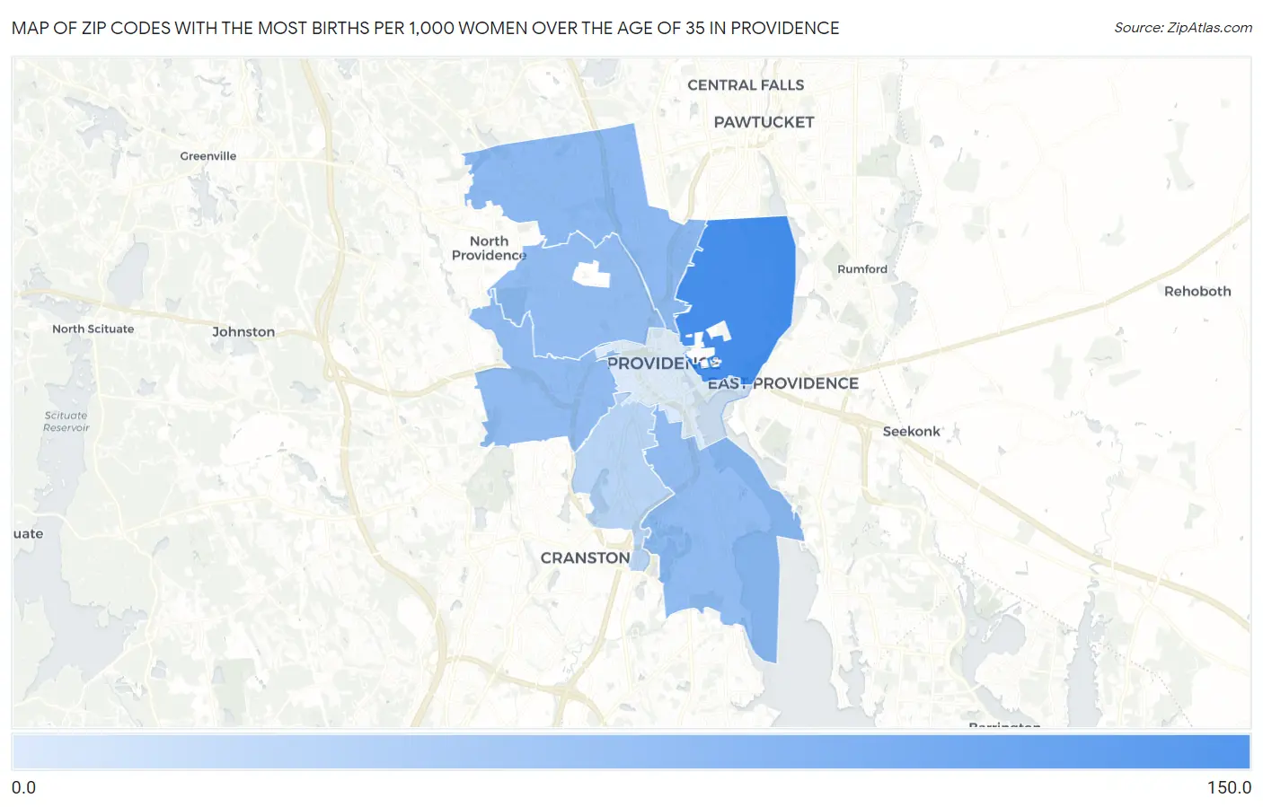 Zip Codes with the Most Births per 1,000 Women Over the Age of 35 in Providence Map