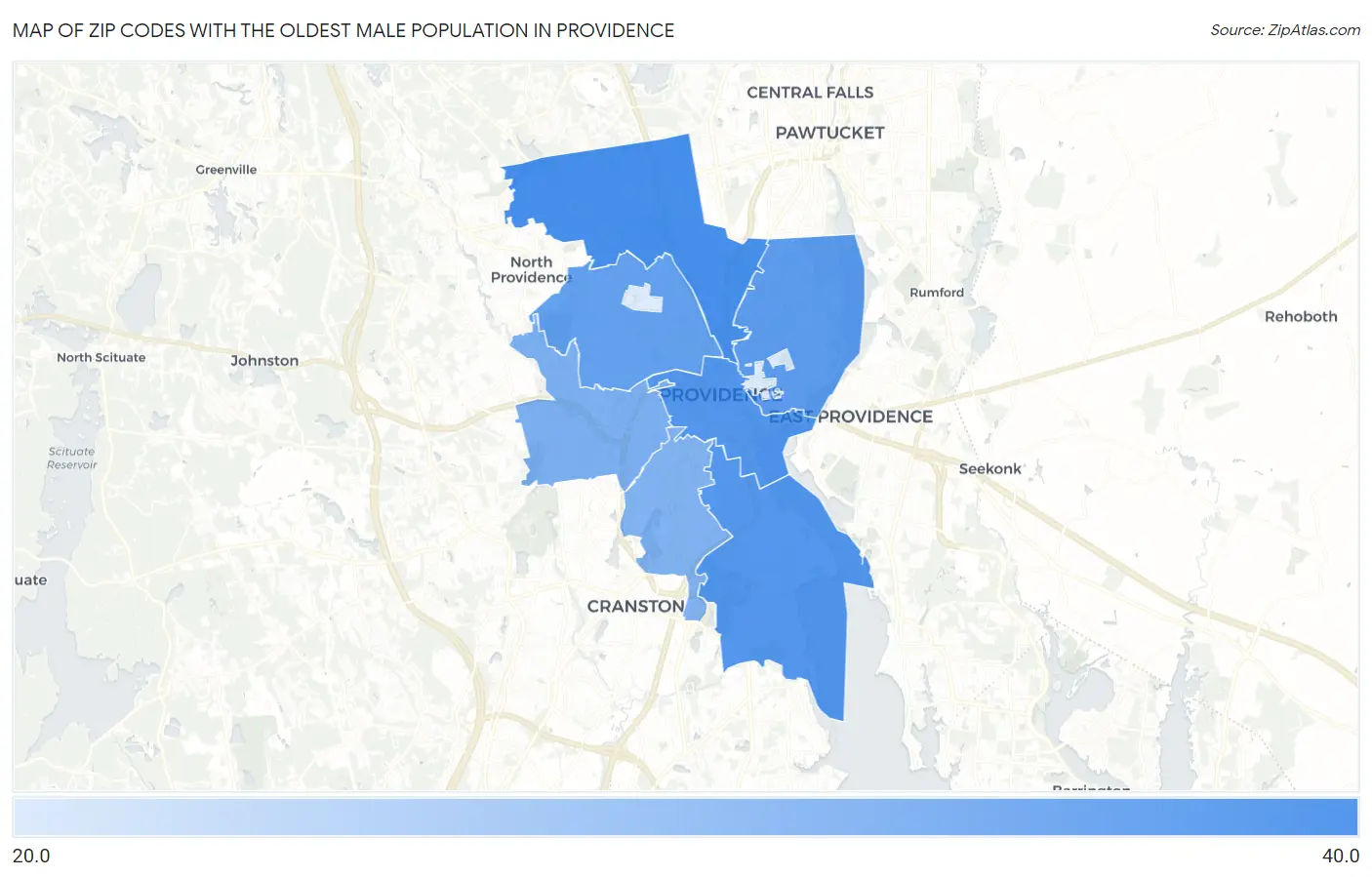 Zip Codes with the Oldest Male Population in Providence Map