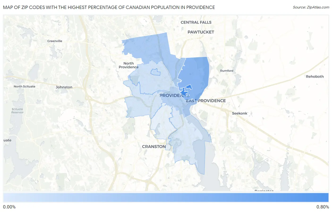 Zip Codes with the Highest Percentage of Canadian Population in Providence Map