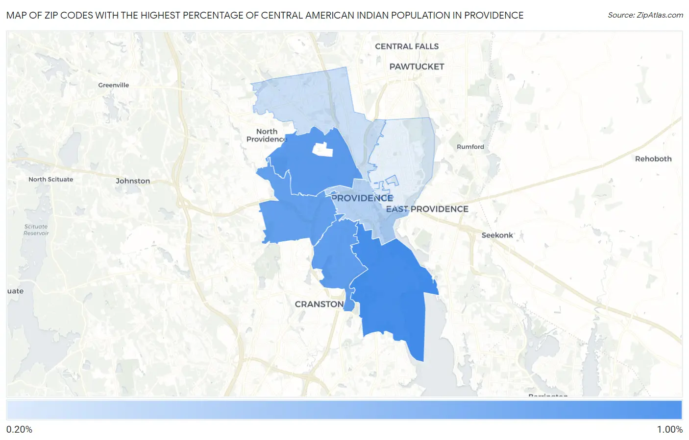 Zip Codes with the Highest Percentage of Central American Indian Population in Providence Map