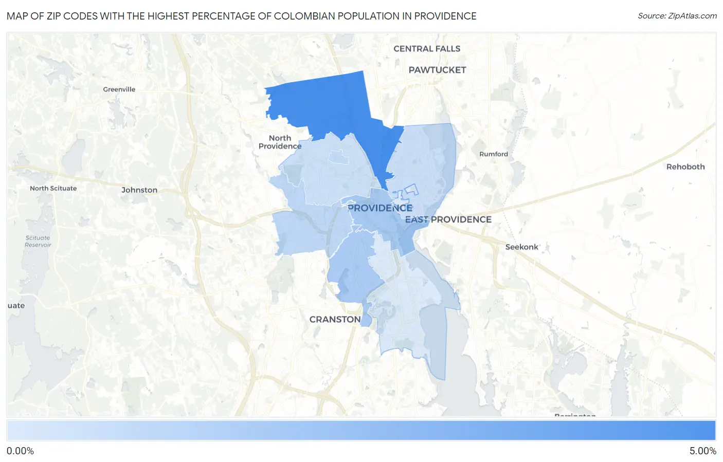Zip Codes with the Highest Percentage of Colombian Population in Providence Map