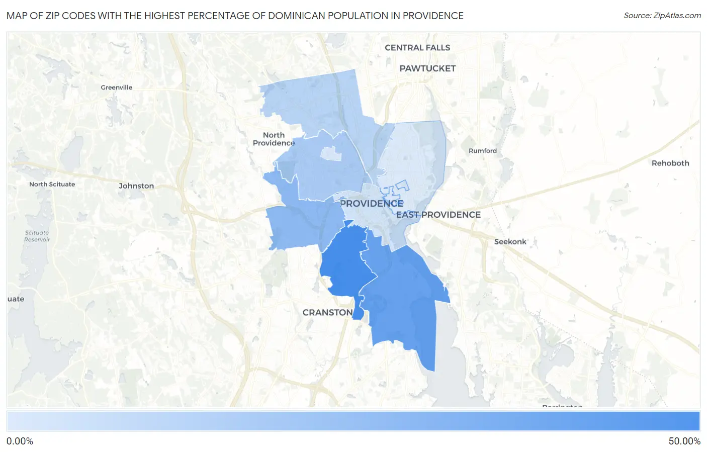 Zip Codes with the Highest Percentage of Dominican Population in Providence Map