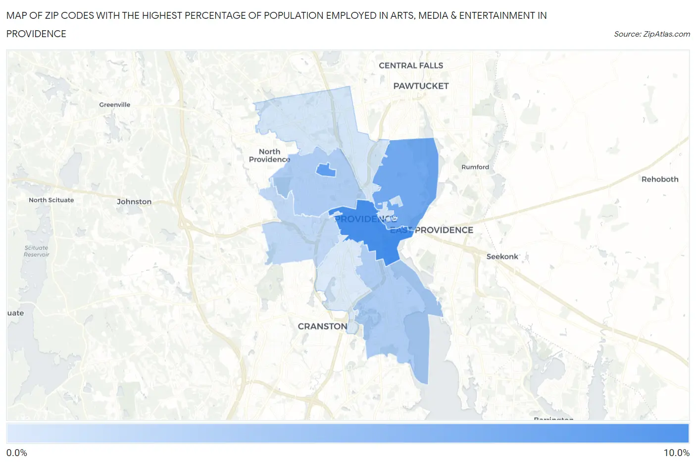 Zip Codes with the Highest Percentage of Population Employed in Arts, Media & Entertainment in Providence Map