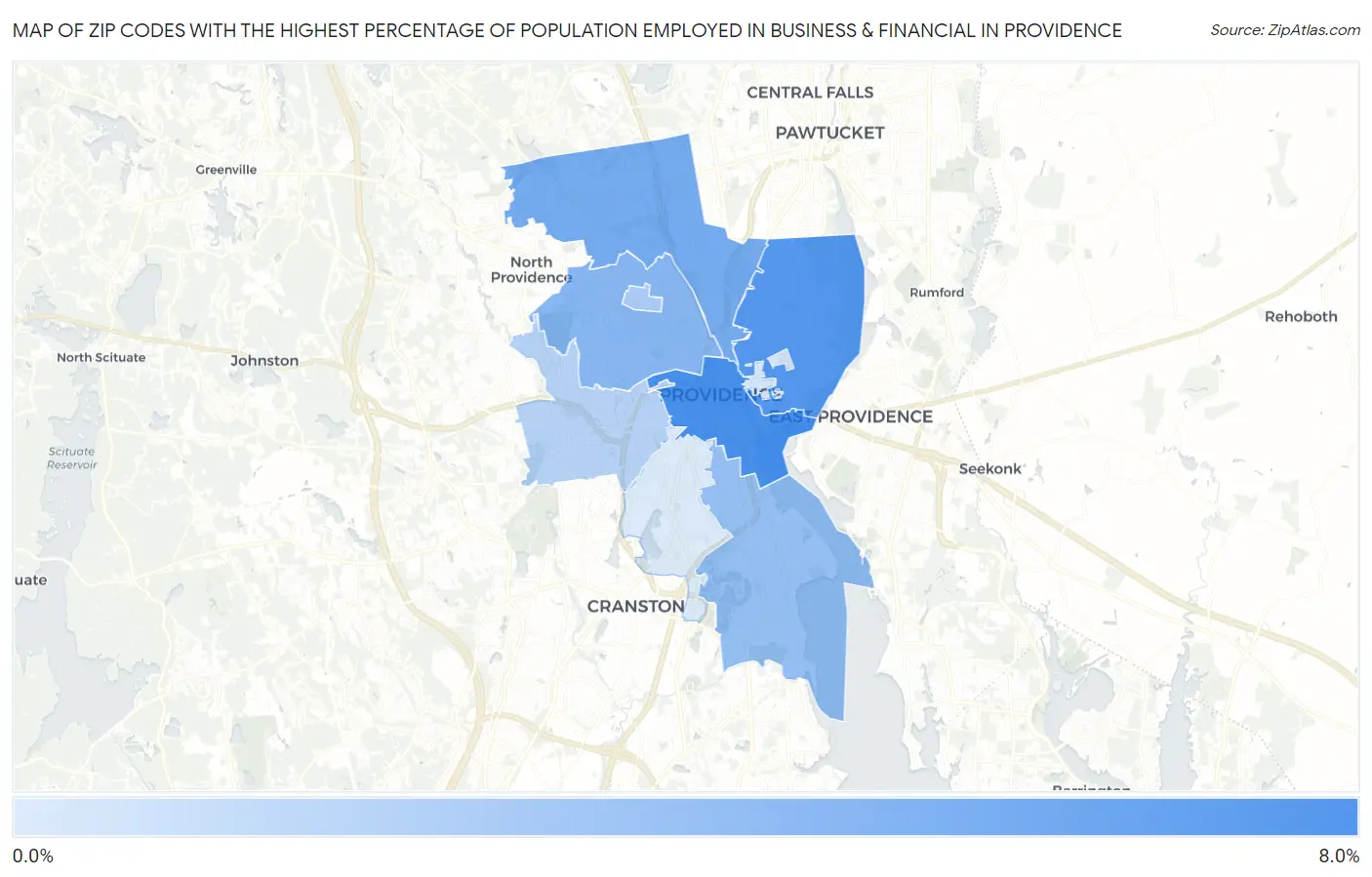Zip Codes with the Highest Percentage of Population Employed in Business & Financial in Providence Map