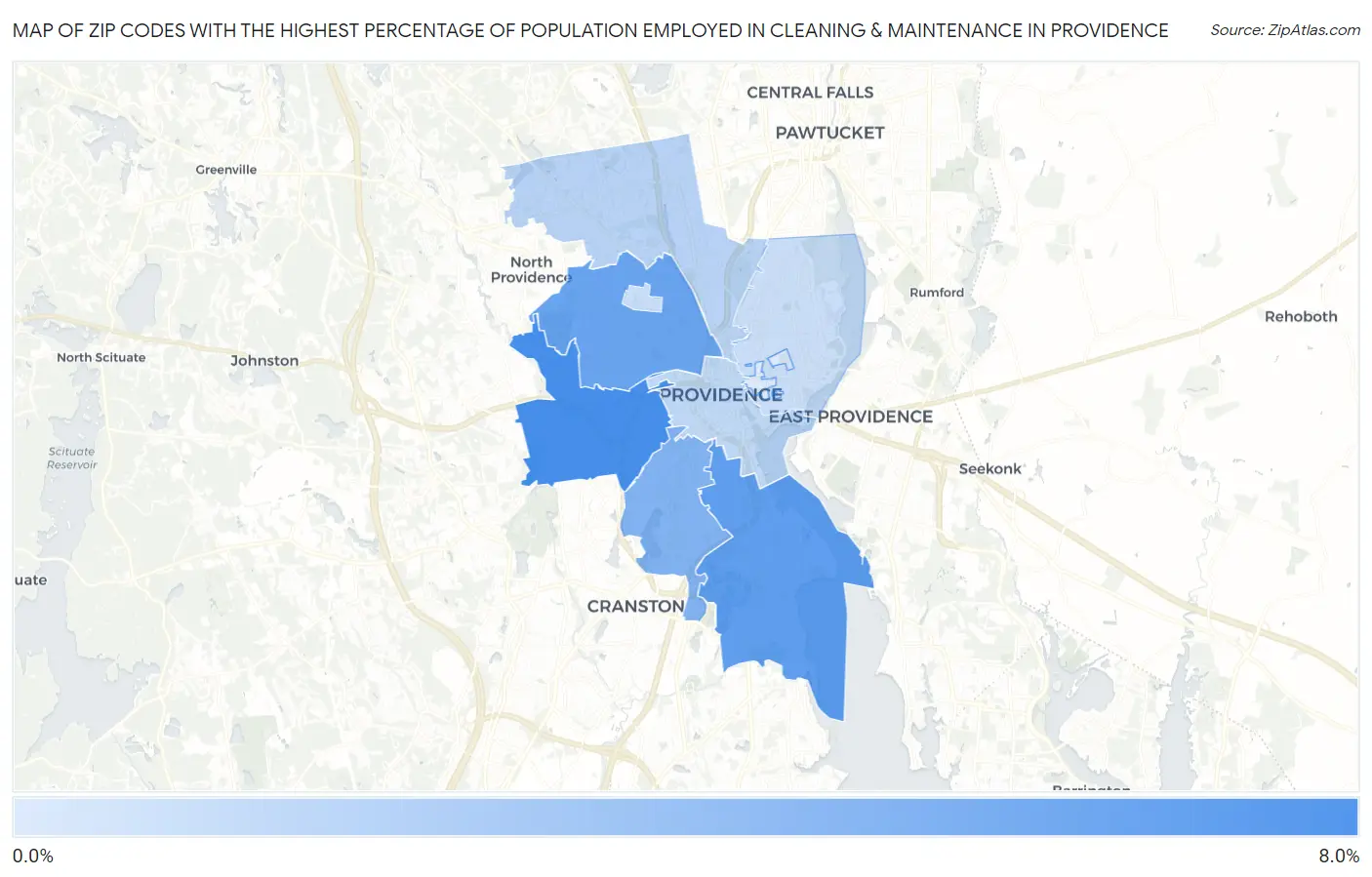 Zip Codes with the Highest Percentage of Population Employed in Cleaning & Maintenance in Providence Map