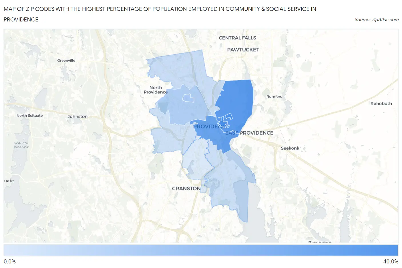 Zip Codes with the Highest Percentage of Population Employed in Community & Social Service  in Providence Map