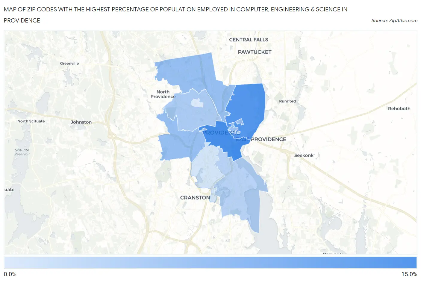 Zip Codes with the Highest Percentage of Population Employed in Computer, Engineering & Science in Providence Map