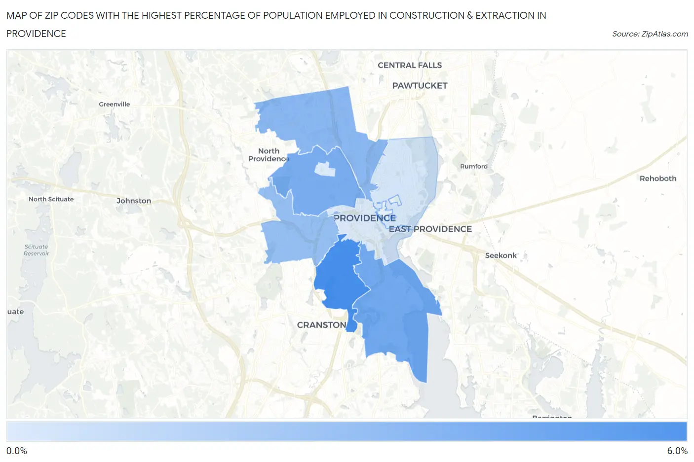 Zip Codes with the Highest Percentage of Population Employed in Construction & Extraction in Providence Map