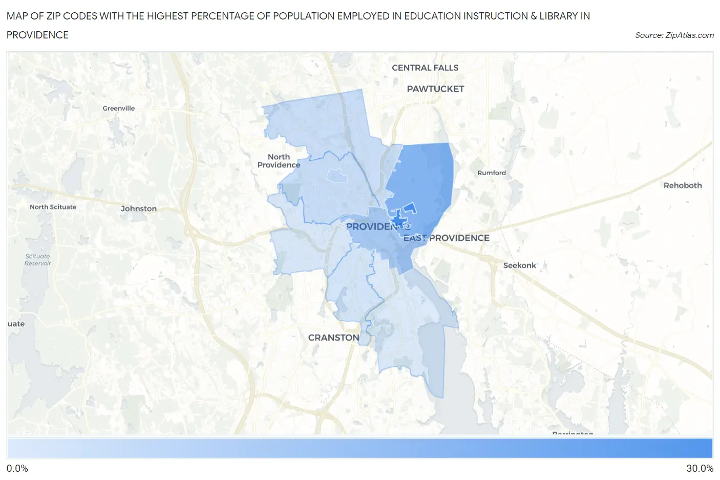 Zip Codes with the Highest Percentage of Population Employed in Education Instruction & Library in Providence Map