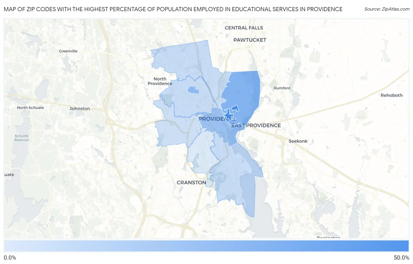 Zip Codes with the Highest Percentage of Population Employed in Educational Services in Providence Map
