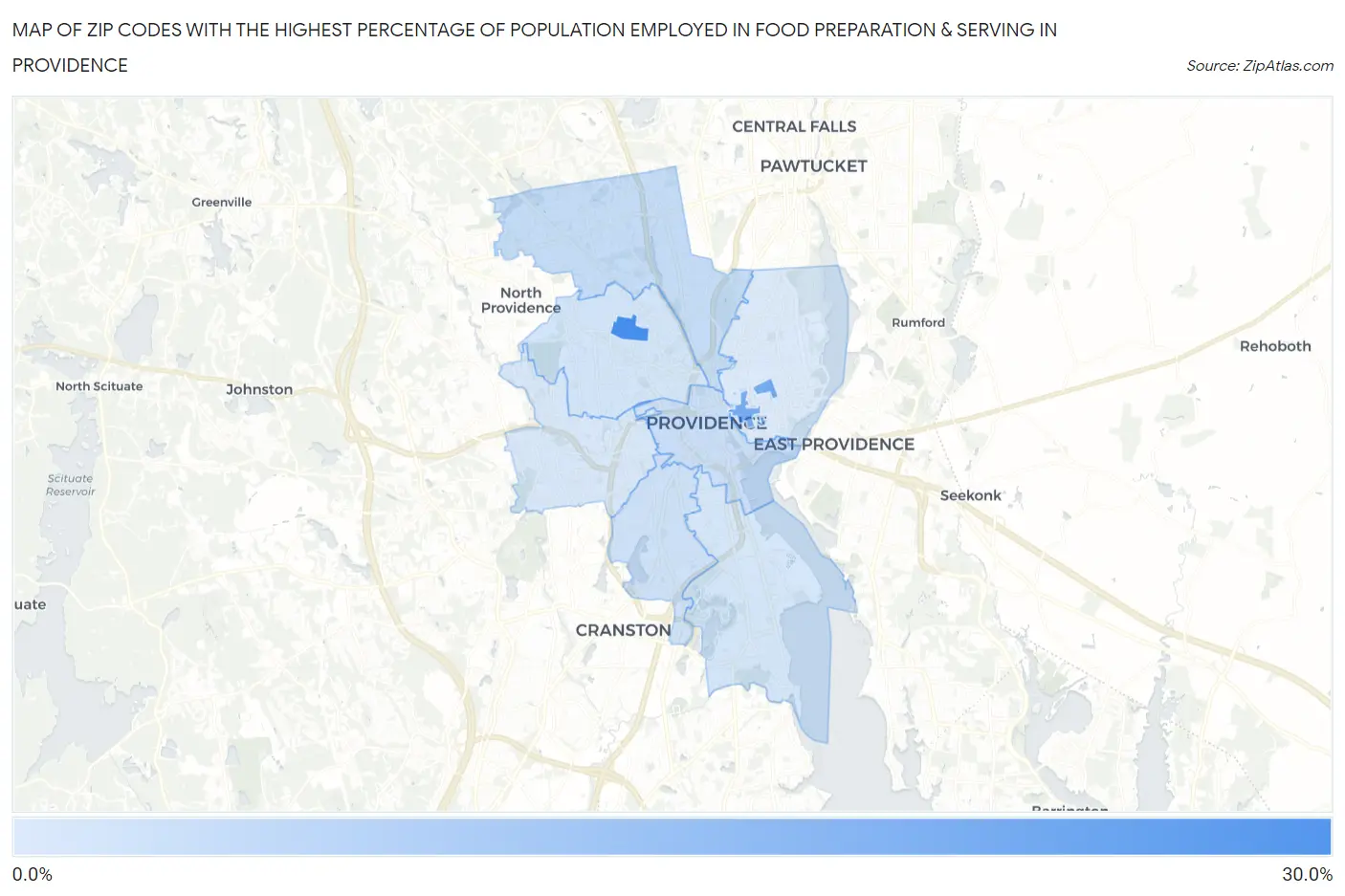 Zip Codes with the Highest Percentage of Population Employed in Food Preparation & Serving in Providence Map