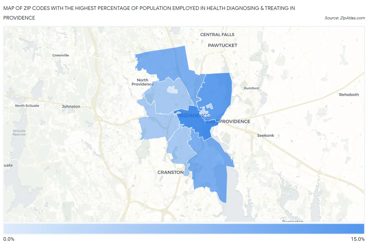 Zip Codes with the Highest Percentage of Population Employed in Health Diagnosing & Treating in Providence Map