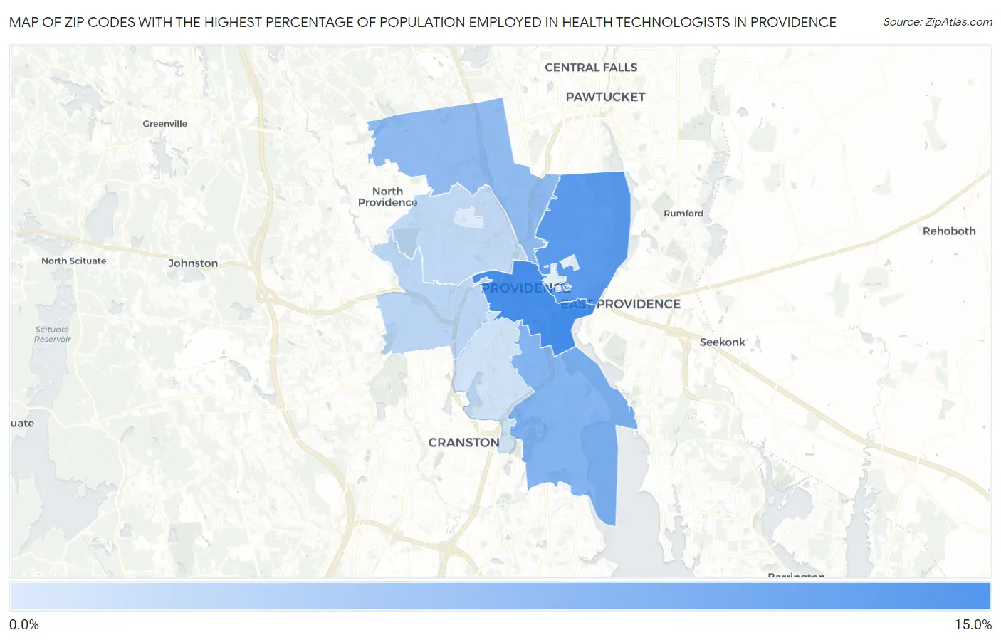 Zip Codes with the Highest Percentage of Population Employed in Health Technologists in Providence Map