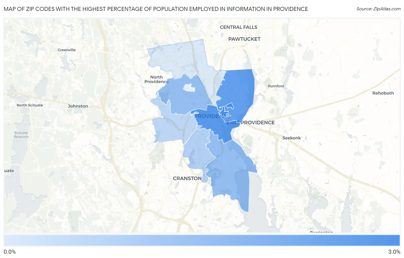 Zip Codes with the Highest Percentage of Population Employed in Information in Providence Map