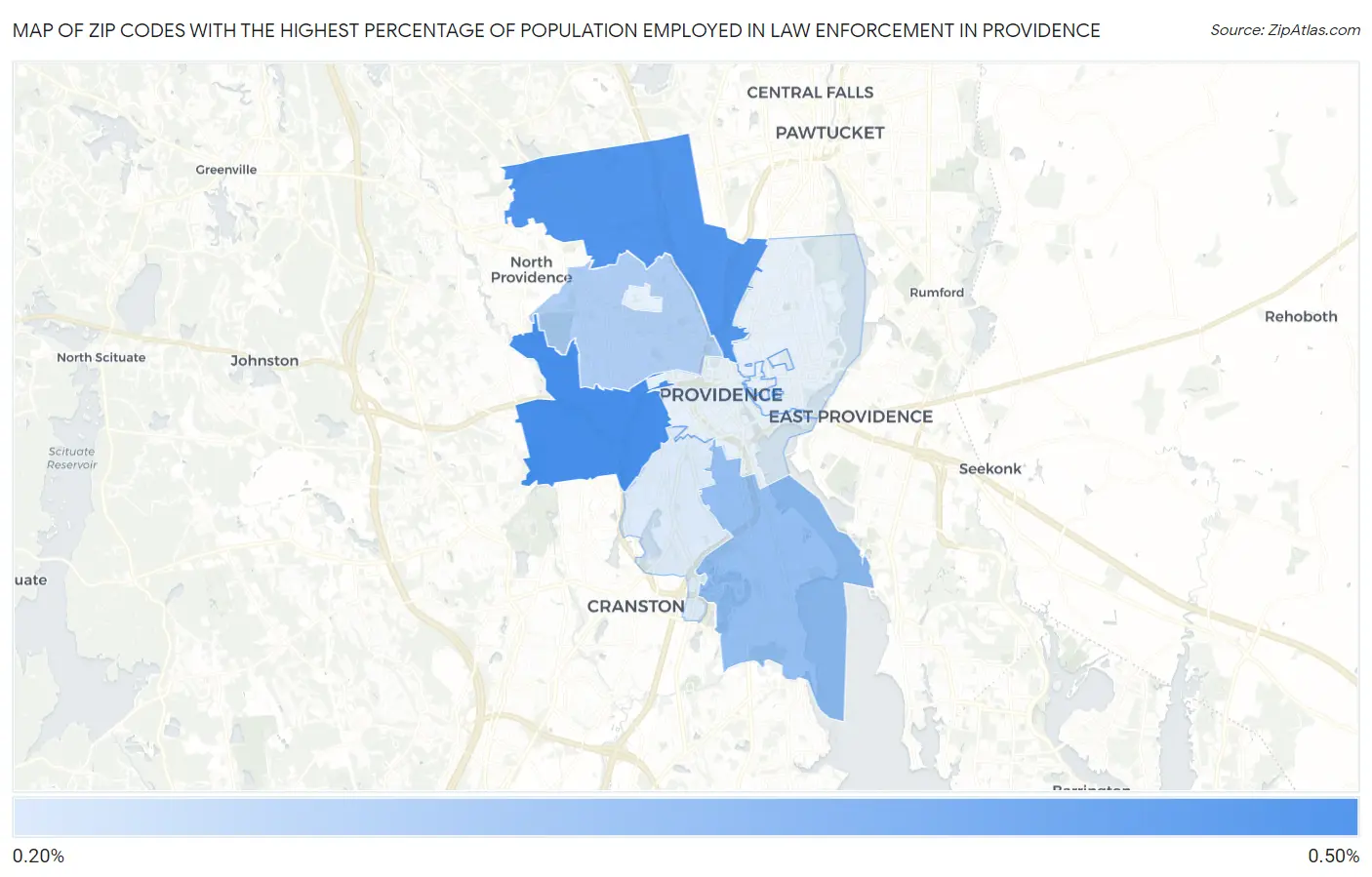 Zip Codes with the Highest Percentage of Population Employed in Law Enforcement in Providence Map