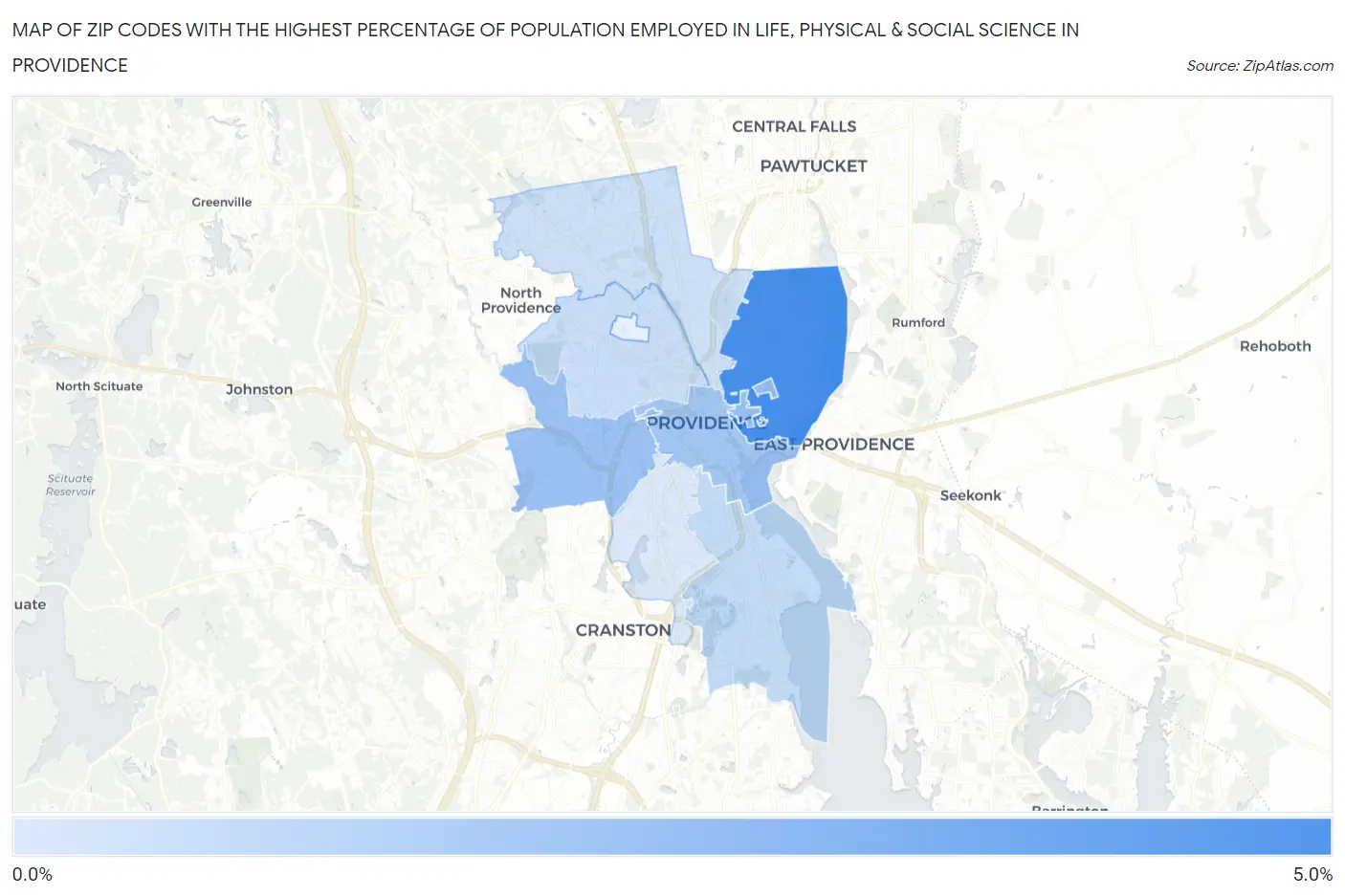 Zip Codes with the Highest Percentage of Population Employed in Life, Physical & Social Science in Providence Map