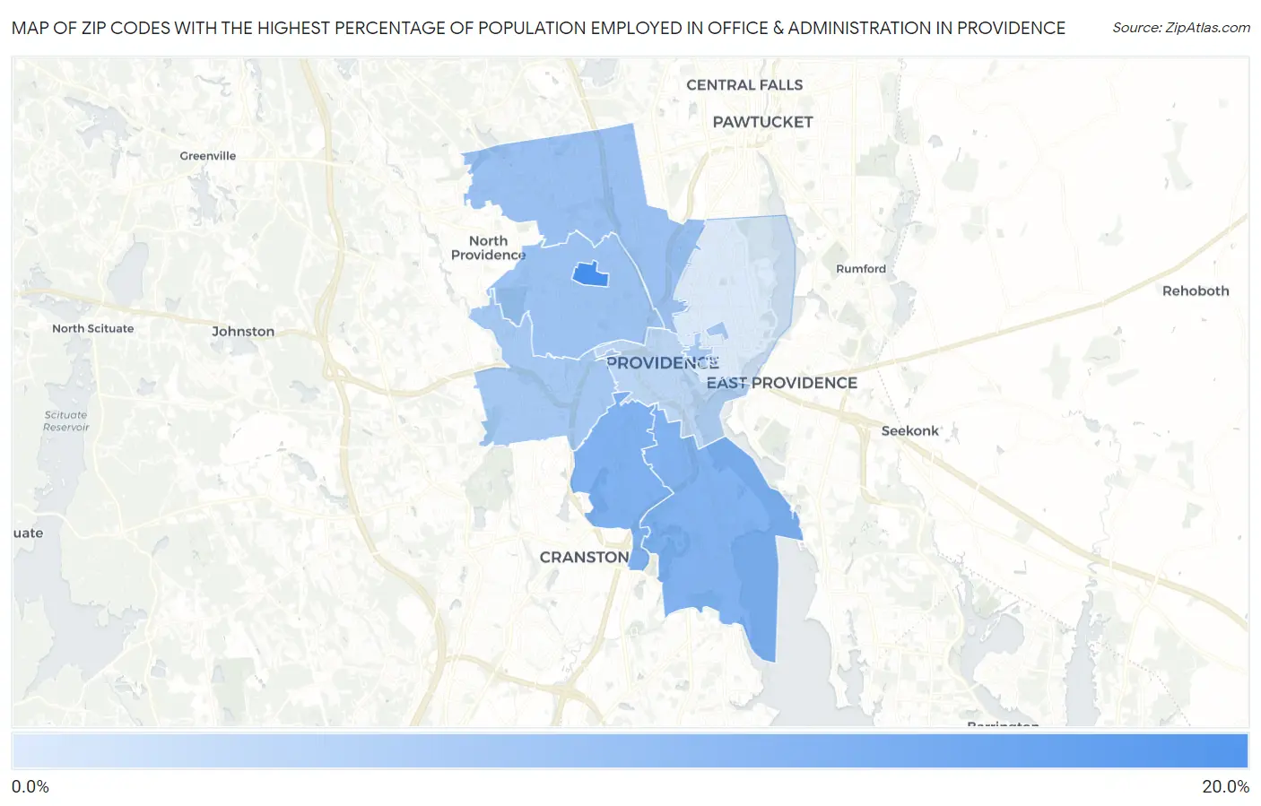 Zip Codes with the Highest Percentage of Population Employed in Office & Administration in Providence Map