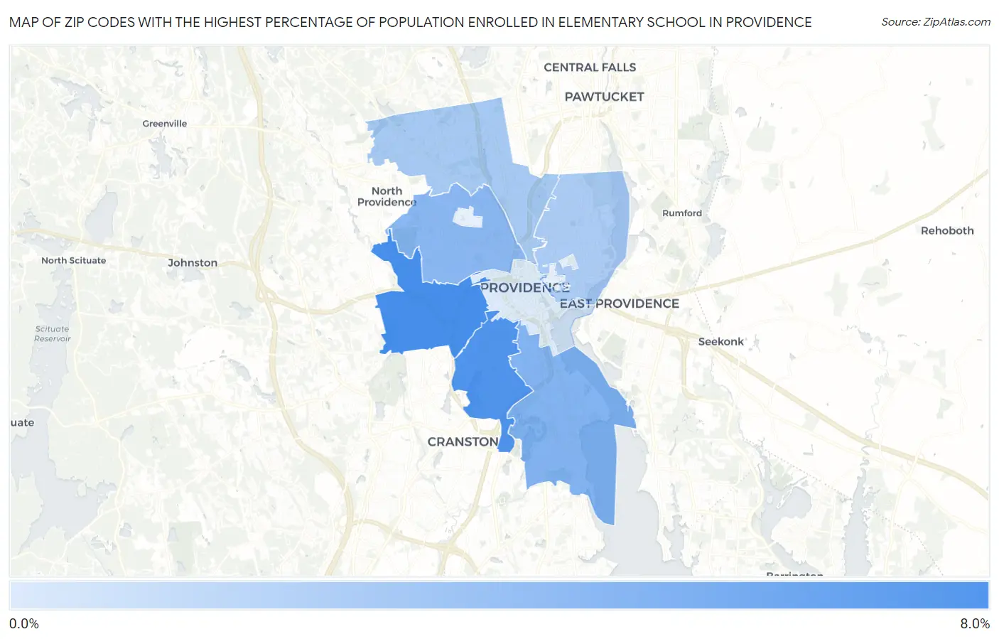 Zip Codes with the Highest Percentage of Population Enrolled in Elementary School in Providence Map