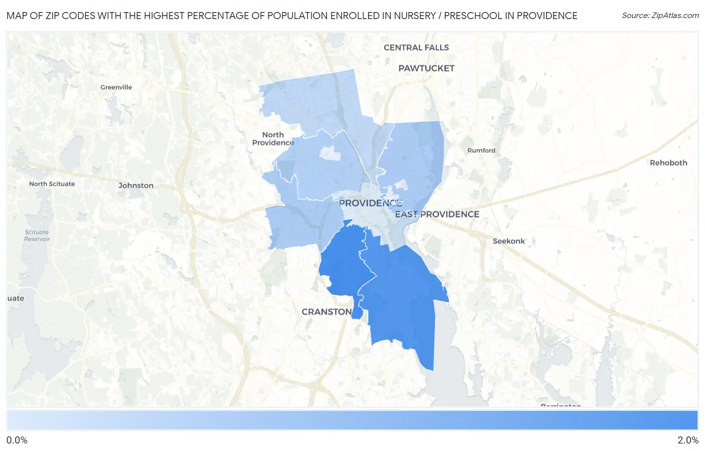 Zip Codes with the Highest Percentage of Population Enrolled in Nursery / Preschool in Providence Map