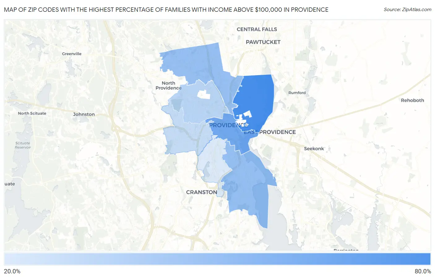 Zip Codes with the Highest Percentage of Families with Income Above $100,000 in Providence Map