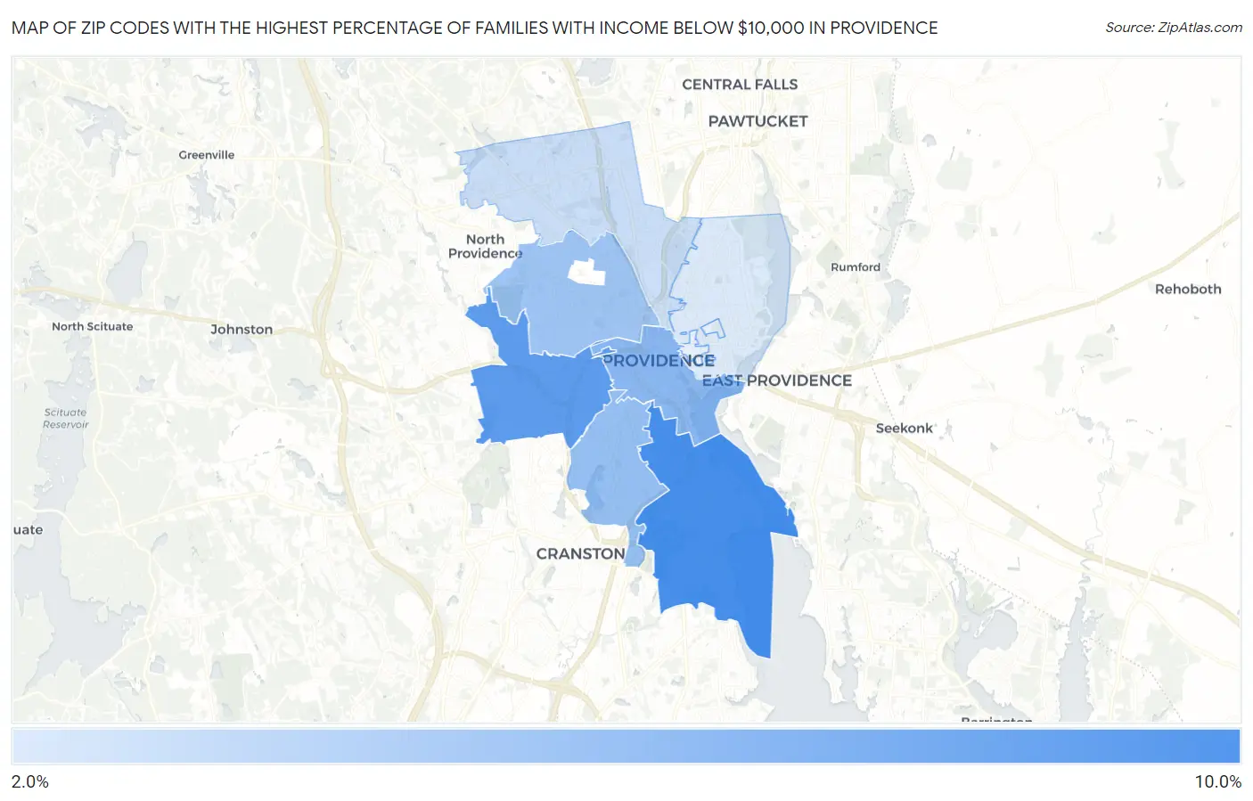 Zip Codes with the Highest Percentage of Families with Income Below $10,000 in Providence Map